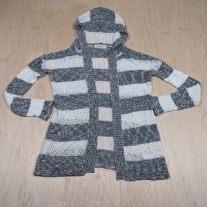 Pink Rose, Grey & White Striped, Hooded, Open Knit Cardigan Jacket (S)